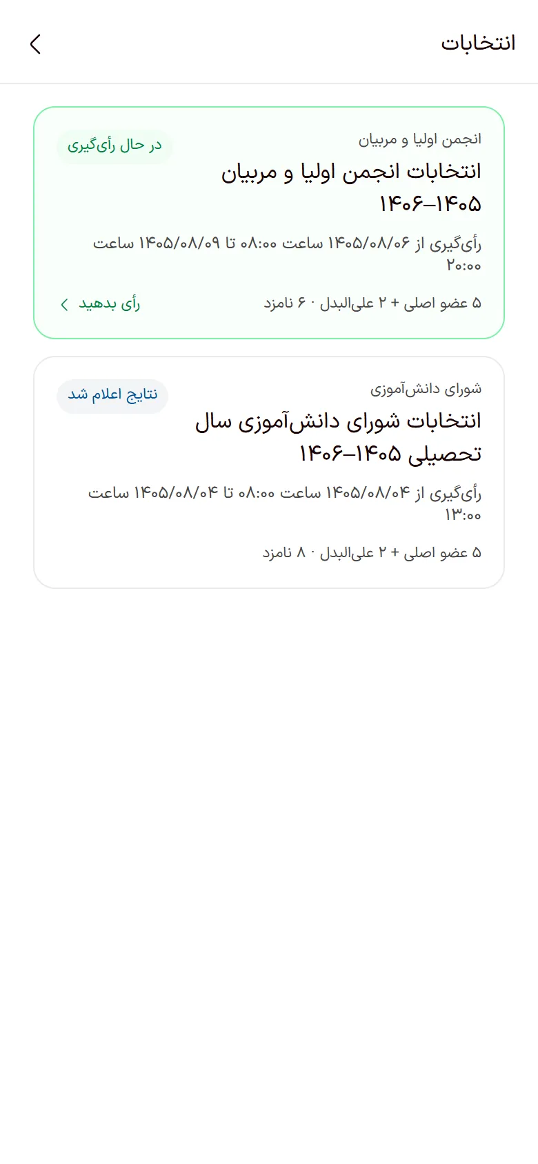 صفحهٔ رأیگیری انتخابات در اپ تیک والدین با فهرست نامزدها و دکمهٔ ثبت رأی