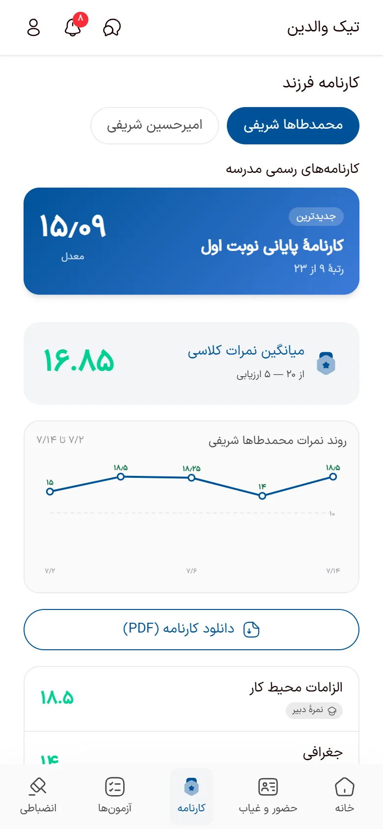 کارنامهٔ رسمی منتشرشده در اپ تیک والدین