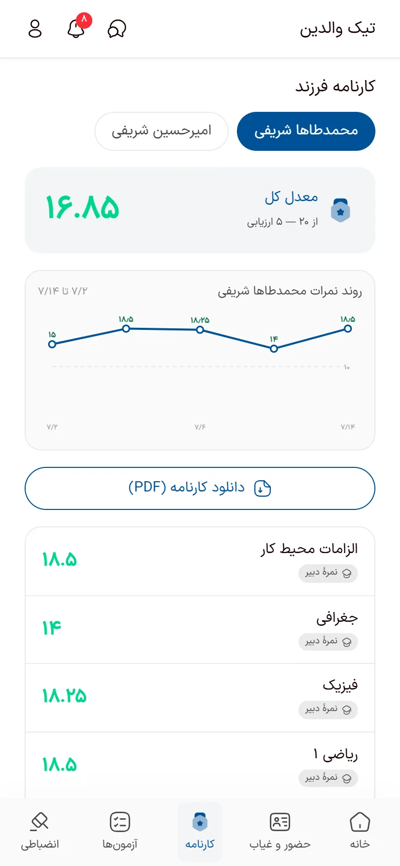 کارنامه و معدل دانش‌آموز در اپ والدین