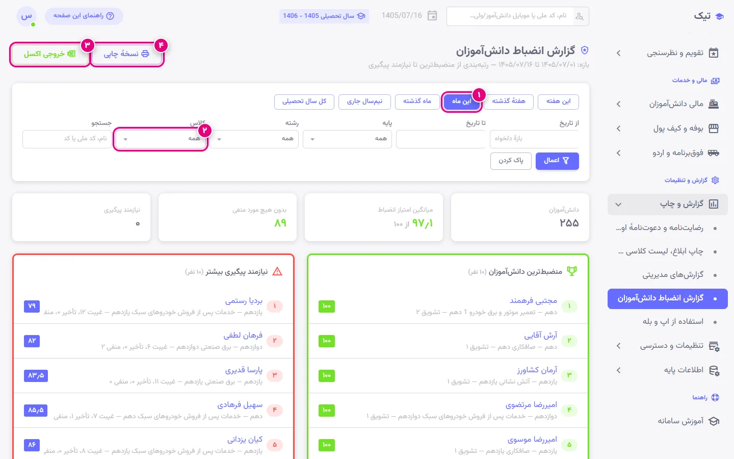 گزارش انضباط دانشآموزان با نمرهٔ انضباط از ۲۰ و مقایسهٔ کلاسها در پنل تیک