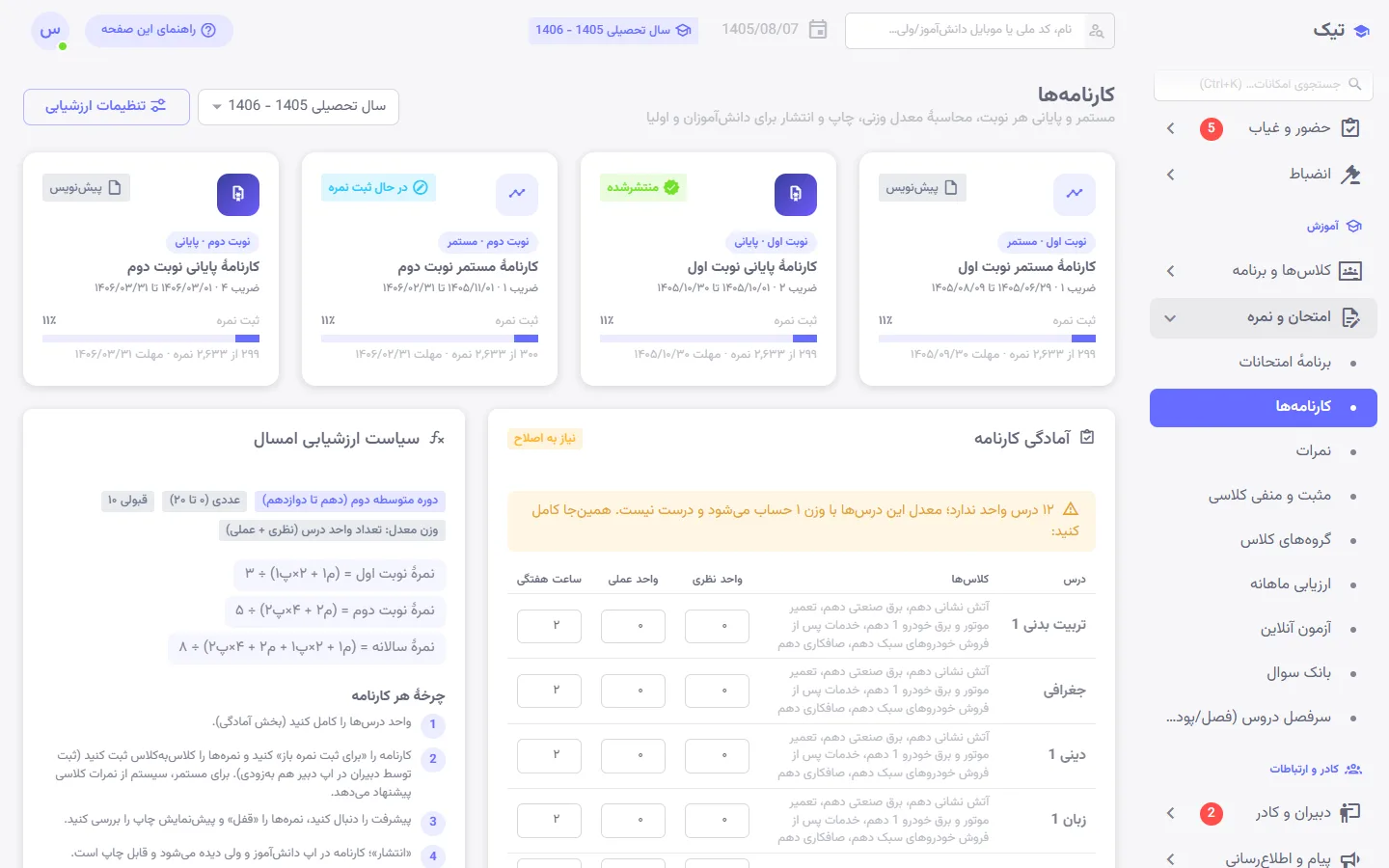 فهرست کارنامههای مستمر و پایانی سال تحصیلی در پنل تیک