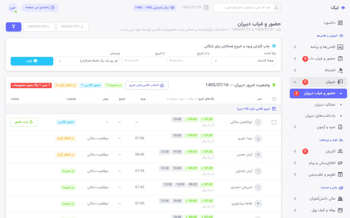 صفحهٔ حضور و غیاب دبیران در پنل تیک با ساعت ورود و خروج، موقعیت و وضعیت تأیید